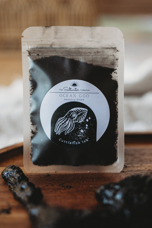 packaging for natural taste safe cuttlefish ink ocean goo psyllium slime. halloween black with bio glitter.