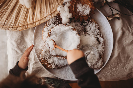 snowflakes white instant snow. winter sensory play tray