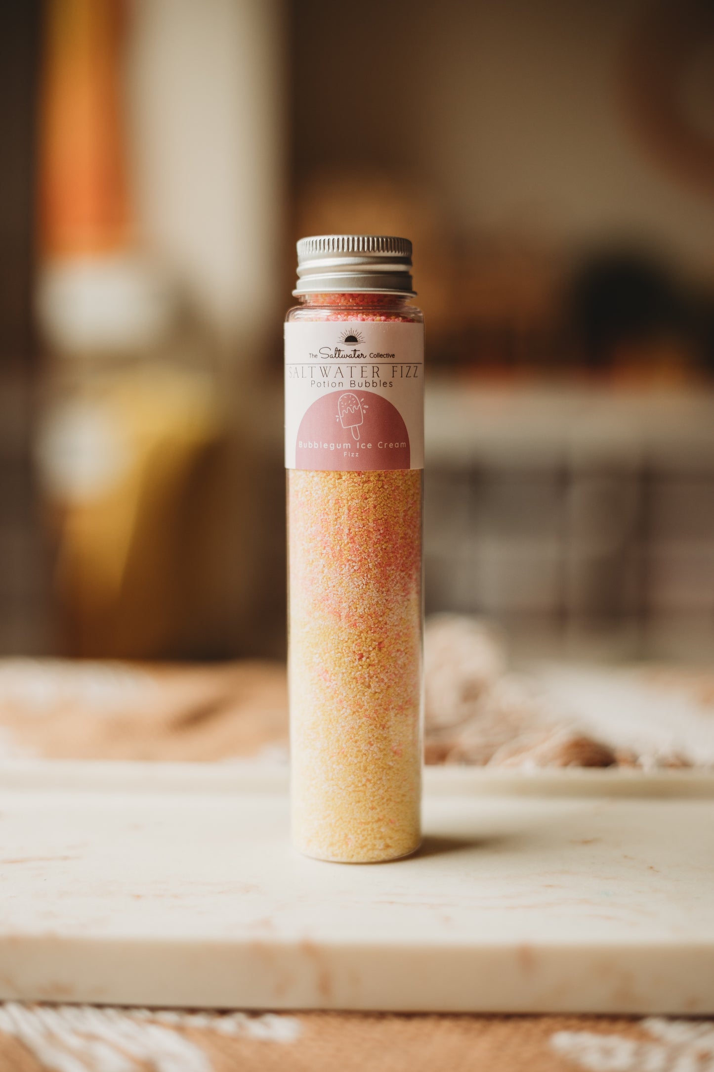 test tube saltwater fizz potion bubbles bubblegum icecream pink yellow sensory play