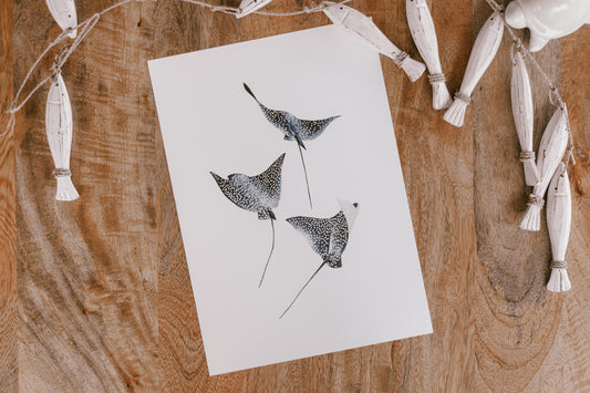 Spotted Eagle Ray water colour painting pretty palm tree