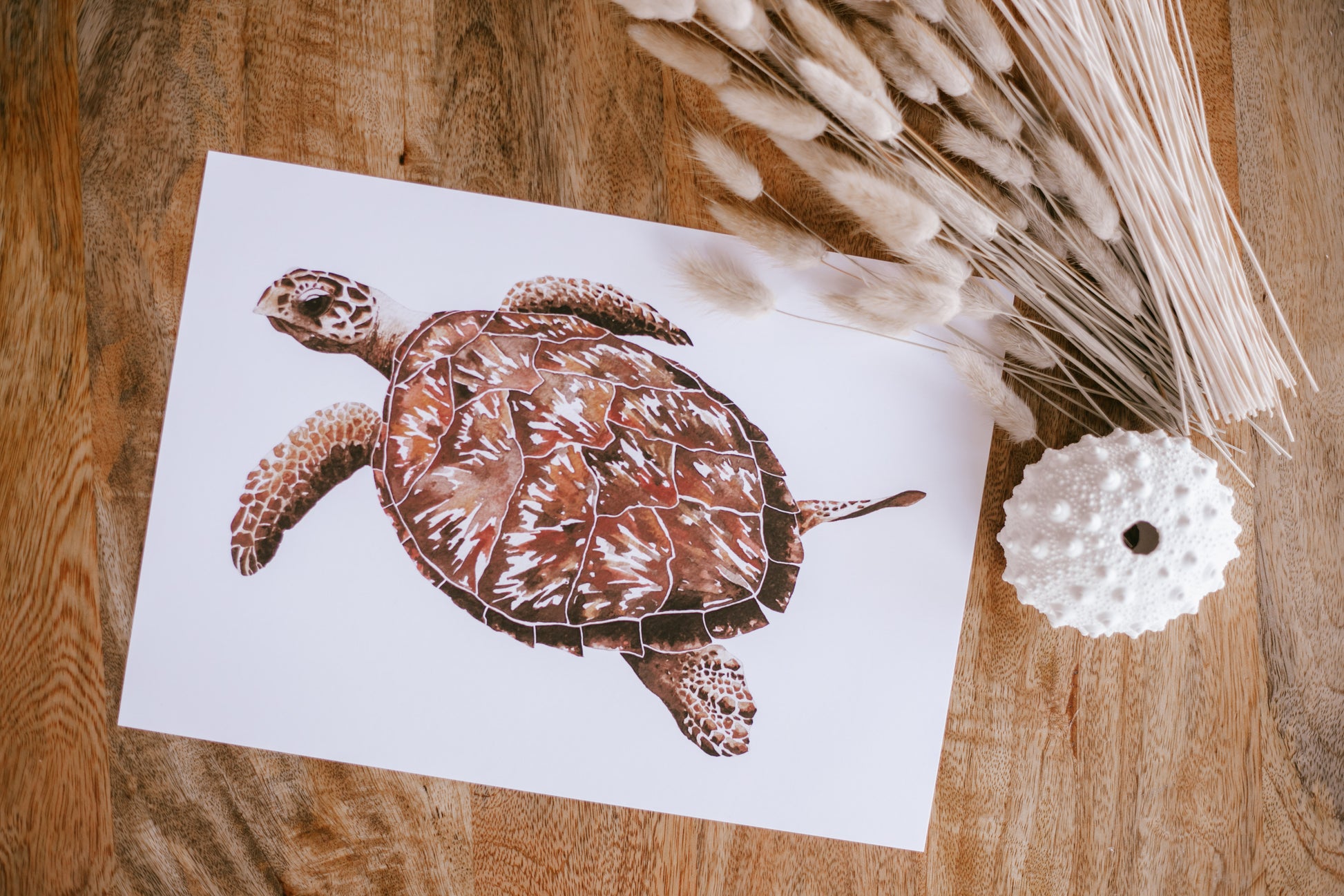 Hawksbill Sea Turtle water colour painting pretty palm tree