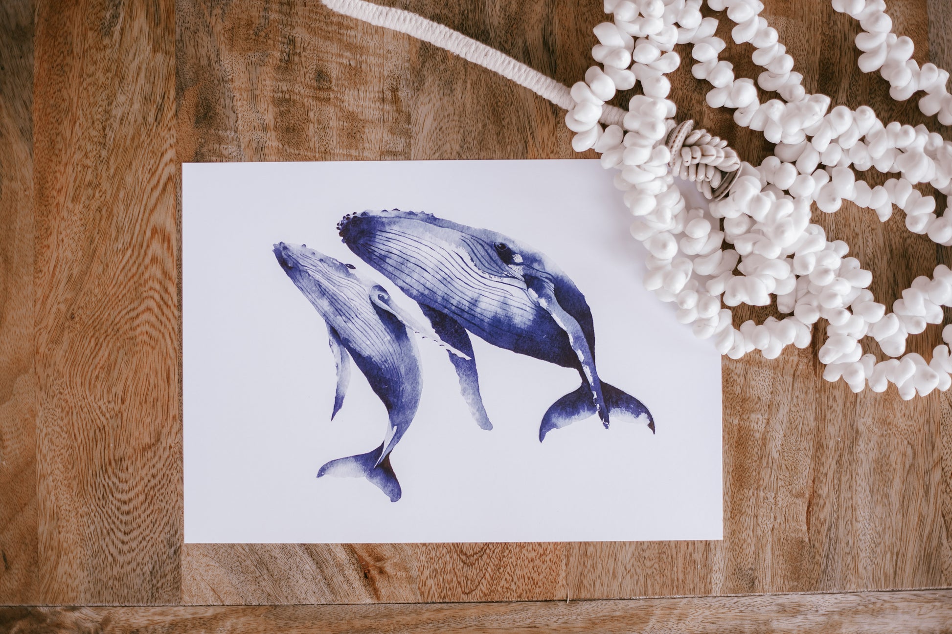 Humpback Whale and Calf water colour painting pretty palm tree
