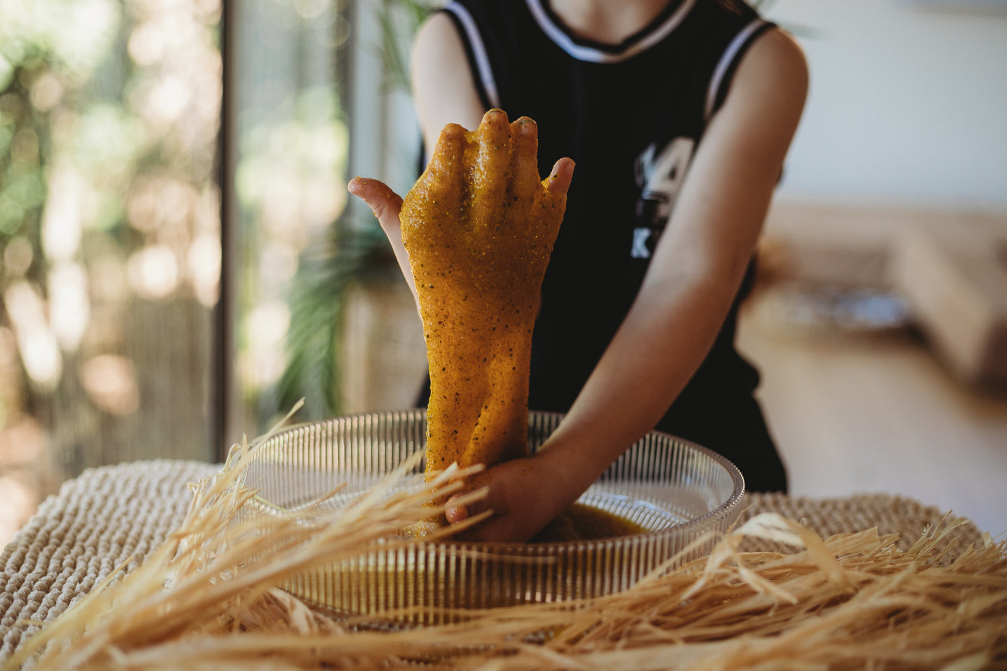 angler fish puke is a disgustingly gooey natural taste safe slime made from psyllium. yellow ocean goo from the saltwater collective for sensory play for kids