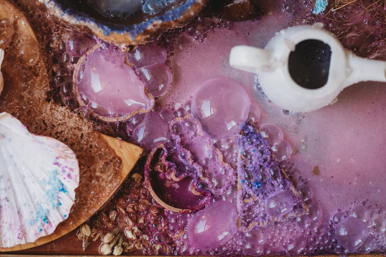 mermaid-waters-fuchsia-pink-saltwater-fizz-sensory-potion-playkinfolk pantry ice cream cutter potion sensory messy play playdough tools
