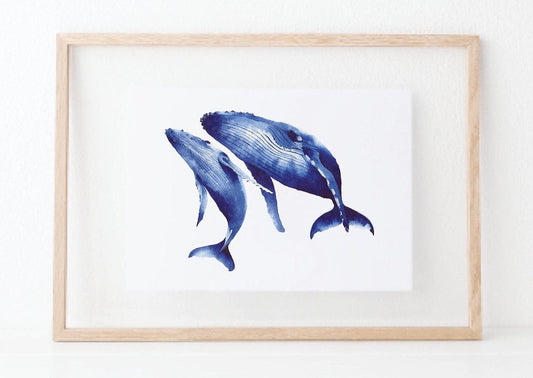Humpback Whale and Calf water colour painting pretty palm tree