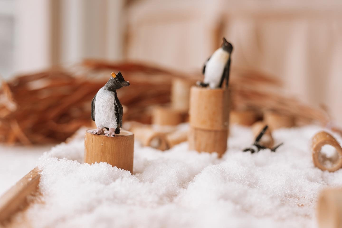 snowflakes white instant snow. winter play with bamboo tubes and wild penguin tube