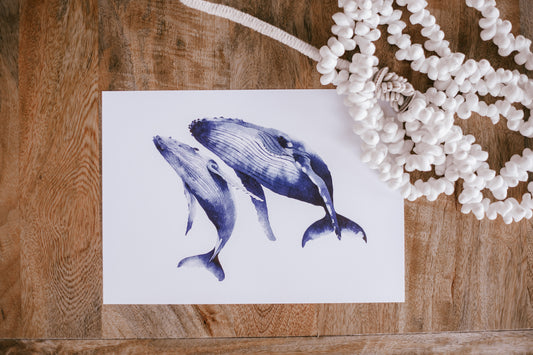 Humpback Whale and Calf water colour painting pretty palm tree